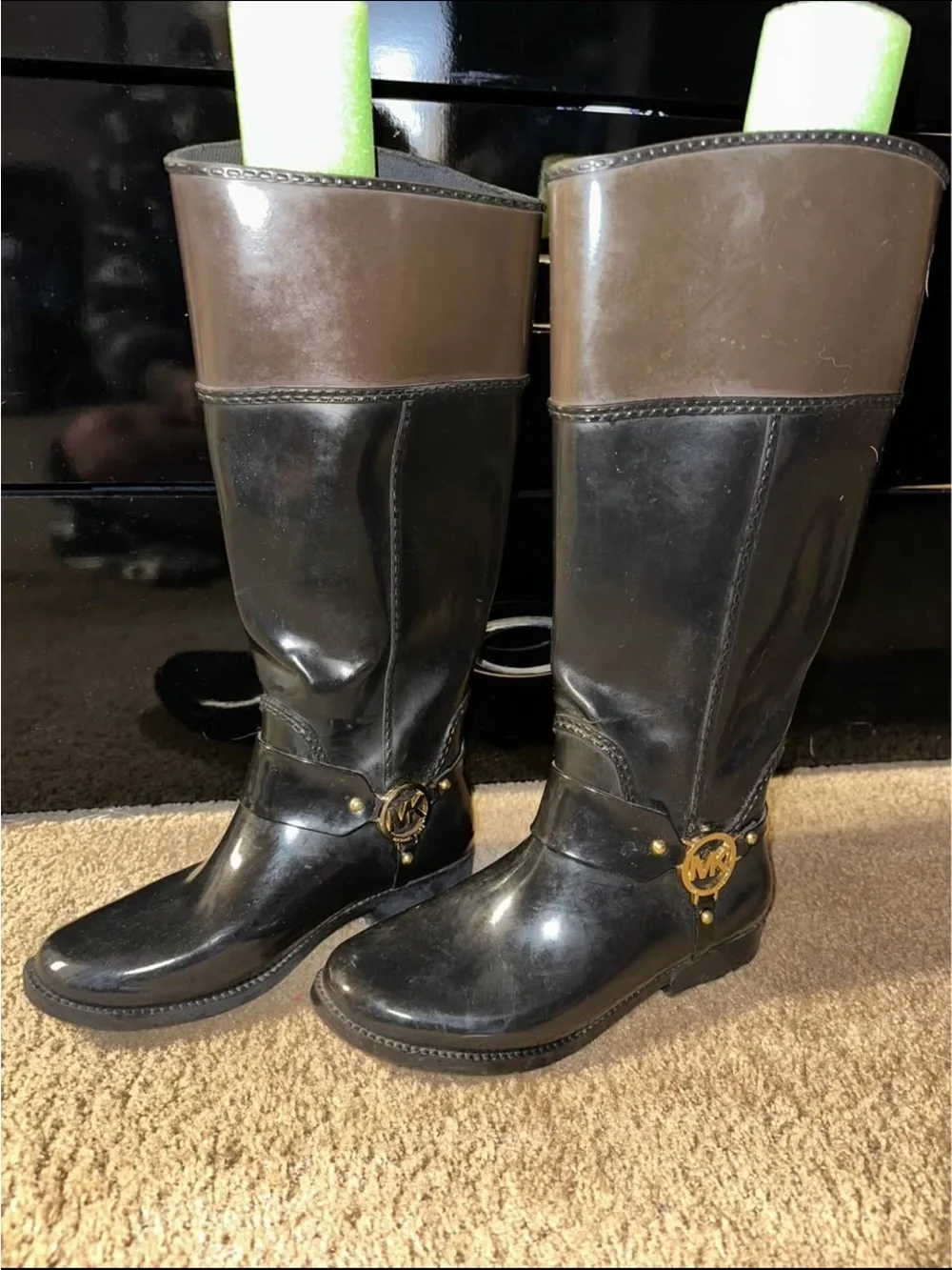 Michael Kors Black and Brown Tall Riding Boots with Gold MK Hardware